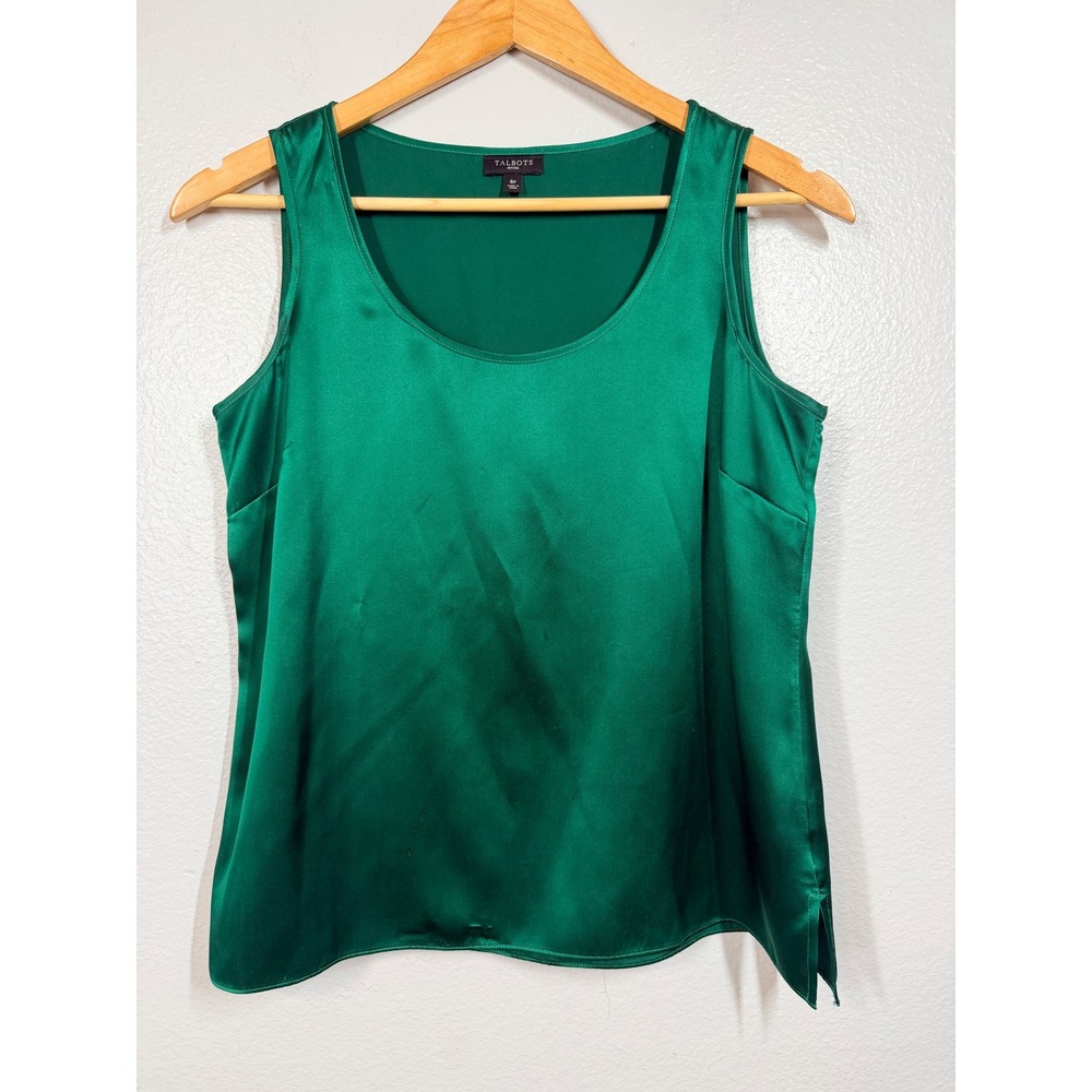 Talbots Tank Top Women 6P Green Silk Sleeveless Shell Satin Scoop Neck Side Slit